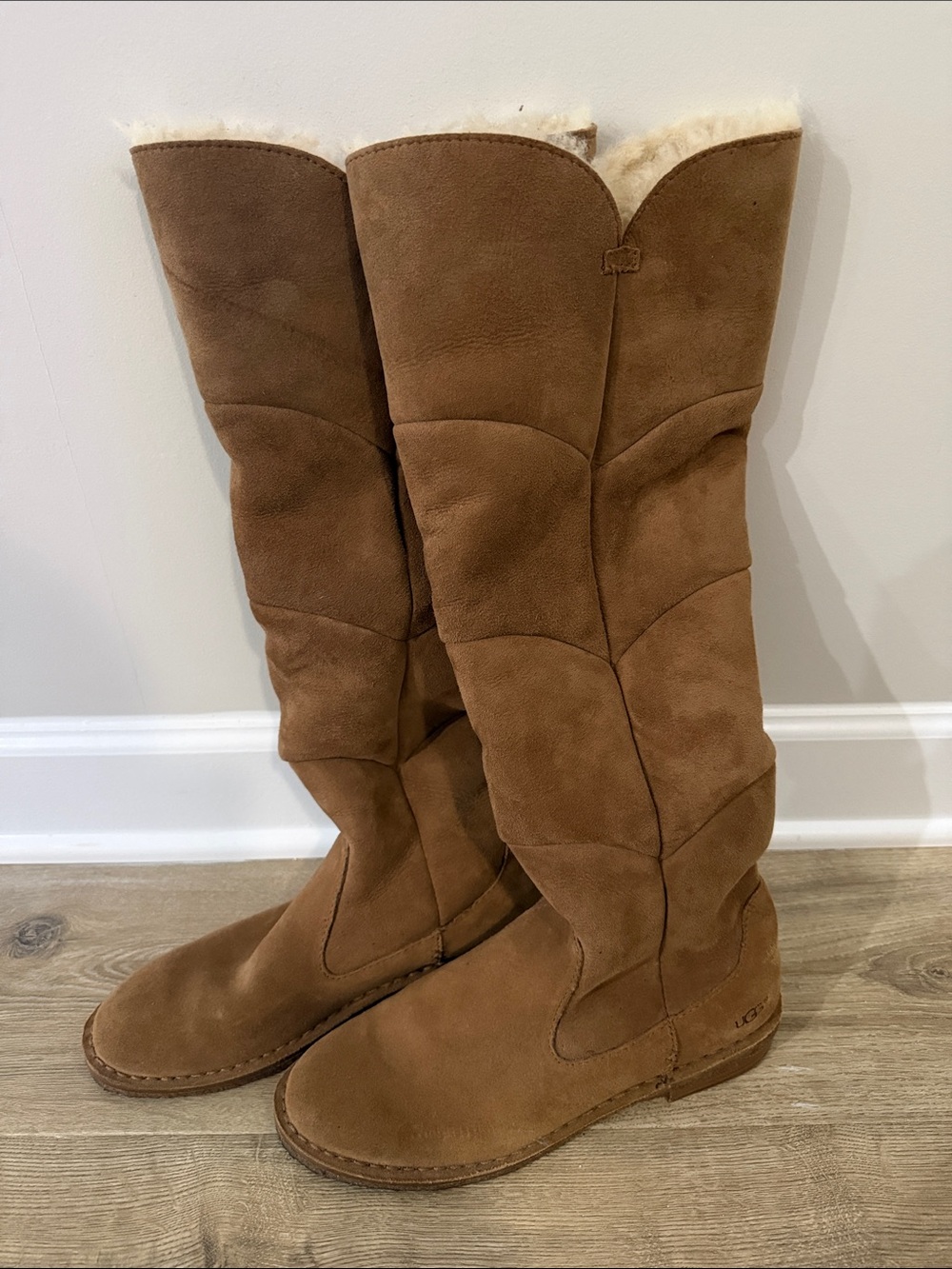 UGG Tall Suede Shearling-Lined Boots in Chestnut Brown